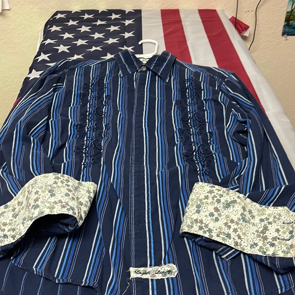 English laundry mens large nevy striped with multi blue and Embroidery